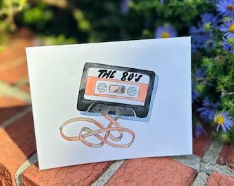 Tarjeta de felicitación de acuarela Bluey, casete de cuento de hadas de Disney Bluey de los 80