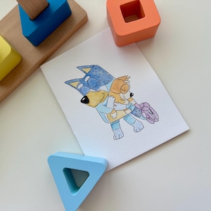 Aquarell Grußkarte Bluey Disney Karte Bandit und Bingo Heeler Vatertagskarte Schlafmütze