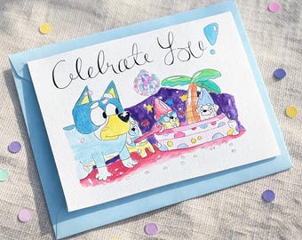 Tarjeta de cumpleaños o día del padre azul pintada a mano con acuarela