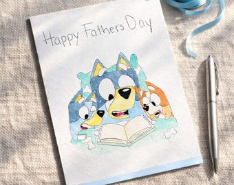 Tarjeta del Día del Padre con acuarela azul: Bandit Heeler Storytime