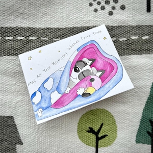 Carte de voeux aquarelle Carte Bluey Carte Disney Carte d'anniversaire muffins Carte de félicitations Flamant rose