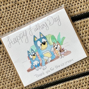 Tarjeta de felicitación de acuarela Tarjeta de Disney de Bluey Bandit y Bingo Heeler Tarjeta del Día del Padre Helado