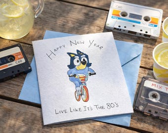 Tarjeta azul de acuarela: cuento de hadas con temática de los años 80