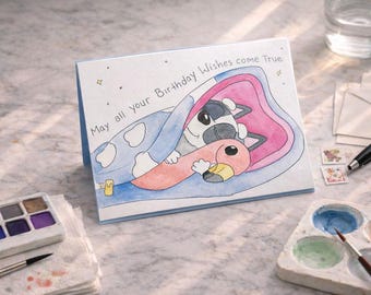 Tarjeta de felicitación azul con acuarela - Tarjeta de cumpleaños con muffin - Flamingo Queen