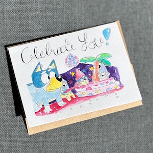 Cartão de felicitações em aquarela, cartão da Disney, Bandit Heeler, dia dos pais, aniversário do pai, gnomos de jardim azuis