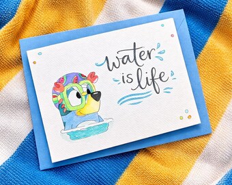 Tarjeta de felicitación de acuarela azul: Cumpleaños de verano nadando