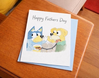 Tarjeta del Día del Padre con acuarela azul: Pat, el padre de Bandit y Lucky
