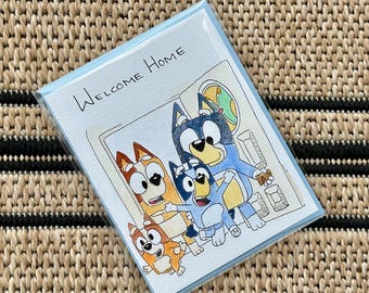 Tarjeta de felicitación de acuarela Tarjeta Bluey Disney Casa nueva Mejoras del hogar Mudanza Inauguración de la casa Familia Heeler