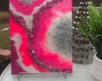 Resin wall art, geode painting, pink abstract painting, resin art, wall decor, canvas art