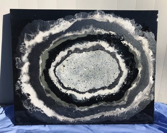 Black Silver and White Resin Painting, Resin Geode Art, Wall Art, Acrylic on Canvas, Home Decor, Shiny Contemporary Art, Crystal Painting