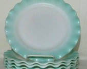Vintage Hazel Atlas Turquoise Crinoline Plates SET OF 6- 9 quot Ripple Dinner Lunch Salad Plates