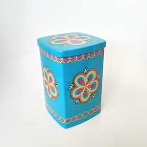 Ira Denemarken Anita Wangel turquoise vintage blikken container - psychedelische flower power jaren zeventig kleurrijke - jaren '70 retro
