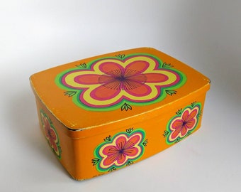 Ira Danemark Anita Wangel rare orange vintage rectangle récipient en étain - psychédélique flower power seventies coloré - '60 s '70s - rétro