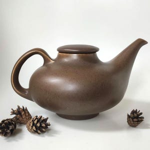 May include: A brown ceramic teapot with a smooth, matte finish and a speckled texture. The teapot features a rounded body, a curved handle, a short spout, and a matching lid. Three small, brown pinecones are positioned near the base.