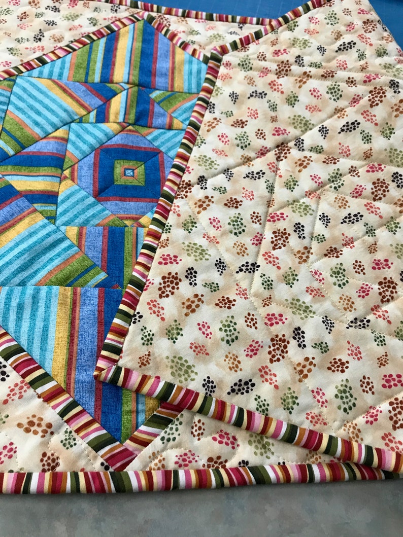 Peut inclure: Un dessous de plat matelass&eacute; avec un motif g&eacute;om&eacute;trique dans des tons de bleu, jaune et vert. Le dessous de plat a une bordure de rayures rouges, roses, vertes et blanches.