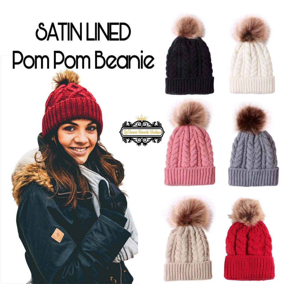 Pom Pom Satin Lined Beanie Adult Satin Lined Beanies Toddler Satin