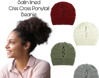 Ponytail Satin Lined Beanies | Satin Lined Beanie | Unisex | Satin Lined Winter Hat | Kid Beanies |Baby Beanie | Satin Lined Criss cross