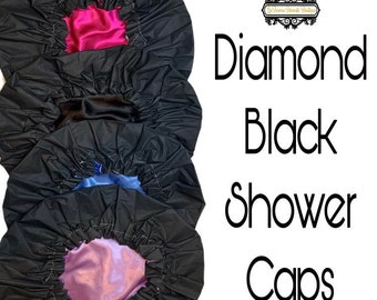 Diamond Black Shower Caps | Luxury Large Satin Lined Shower Caps | Shower Cap | Water Proof Shower Cap | Satin Shower Cap | ShowerAdjustable