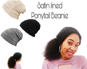 Ponytail Satin Lined Beanies | Satin Lined Beanie | Unisex | Satin Lined Winter Hat | Kid Beanies |Baby Beanie | Satin Lined Ponytail Beanie