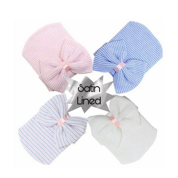 Satin Lined Newborn Bonnet Hats | Boys | Girls Newborn Hospital Hat Infant Baby Hat Cap with Big Bow Soft Cute Knot Nursery Beanie Gift her