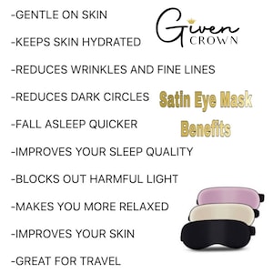May include: A set of three satin eye masks in pink, beige, and black. The eye masks are designed to block out light and improve sleep quality. The image also includes a list of benefits of using a satin eye mask, such as reducing wrinkles and dark circles, and improving skin.