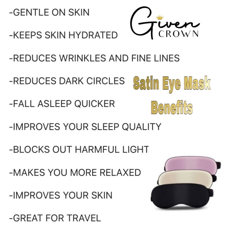 May include: A set of three satin eye masks in pink, beige, and black. The eye masks are designed to block out light and improve sleep quality. The image also includes a list of benefits of using a satin eye mask, such as reducing wrinkles and dark circles, and improving skin.