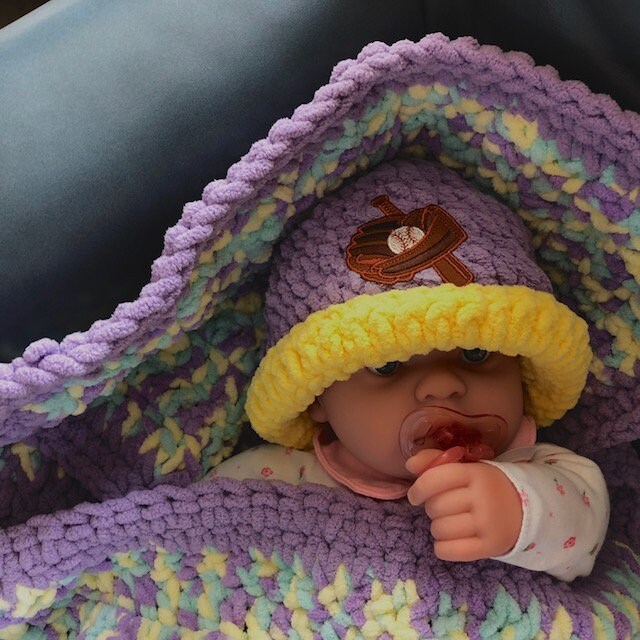 Crochet Baby Blanket Hat Set Purple Teal Yellow Baby Gift Baby