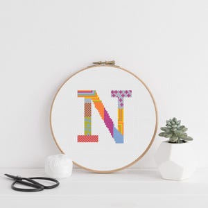 May include: A colorful cross-stitch of the letter "N" in a wooden embroidery hoop. The letter is composed of various colors, including red, orange, yellow, green, blue, and purple. A small succulent in a white geometric pot sits to the right.