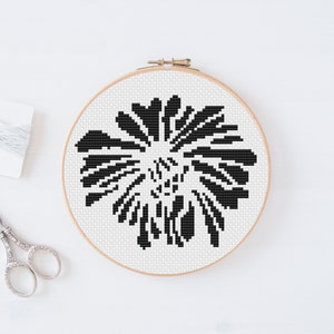 Tropical Flower, black n white stitching, Modern Cross Stitch, 5 inch hoop