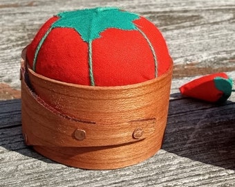 Shaker style tomato Pin Cushion cherry wood 2.25" round 2" high handmade and signed by Don Rayner in Johnstown PA USA no two alike, dupe