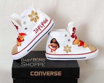 Moana Birthday Outfit, White High Top Converse Gold Bling Shoes with Red and Gold Flowers, Personalized Custom Shoes