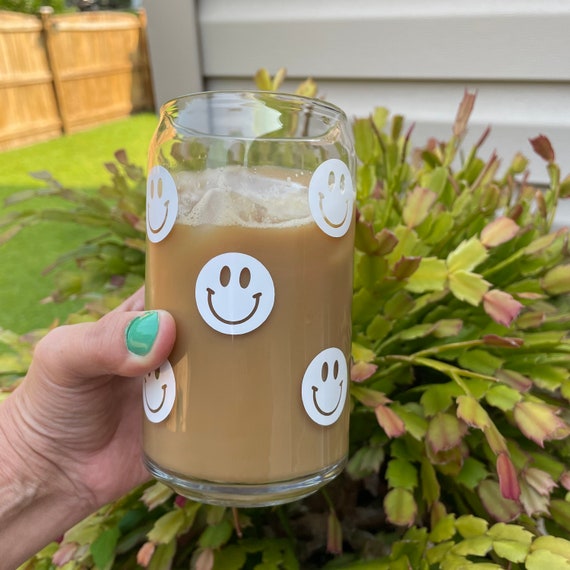 Smiley Iced Coffee Glass Cup Soda Can Glasses 16 Oz Beer Can
