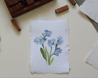Carte artisanale - Fleur Myosotis - Papier fait-main - Illustration aquarelle