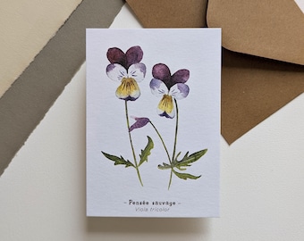 May include: A white card featuring a watercolor illustration of two pansy flowers with purple, yellow, and white petals. The card includes the text "Pensée sauvage - Viola tricolor" in a delicate font. Brown envelopes are in the background.