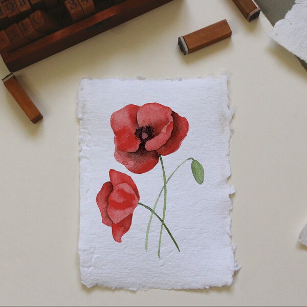 Carte artisanale - Coquelicot - Papier fait-main - Illustration aquarelle