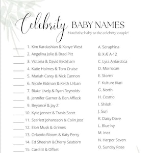 May include: A white baby shower game card titled "Celebrity Baby Names." The game challenges players to match celebrity couples with their children's names. Includes a list of celebrity couples and a list of baby names.