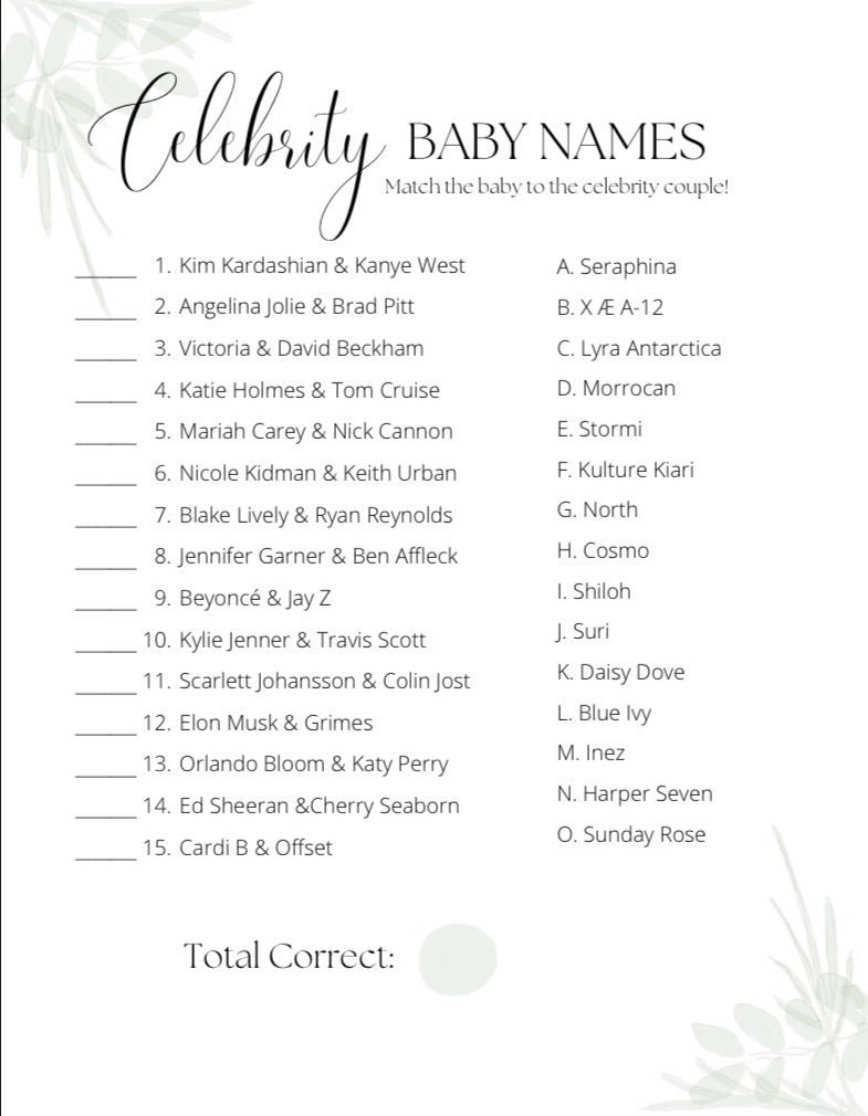 Celebrity Baby Names Shower Game PDF Download (Instant Download) - Etsy