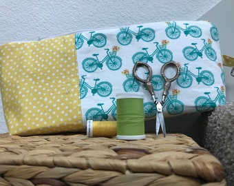 Unique handmade Zipper bag pouch, travel bag, or cosmetic bag with bicycle and polka dots fabric