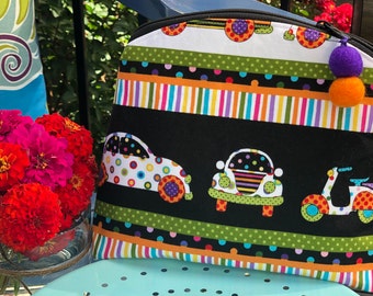 Colorful handmade retro fabric zip bag, travel bag, cosmetic bag,