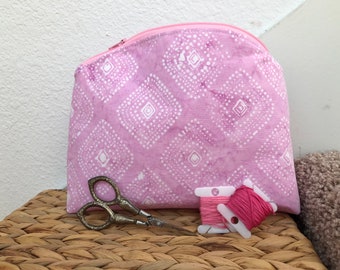 Zipper pouch, cosmetic bag, travel bag made with pink batik fabric