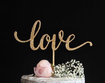 Love Cake Topper | Elegant Script Love Cake Topper | Handwritten Calligraphy Wedding or Engagement Cake Topper | Rose Gold Silver Glitter