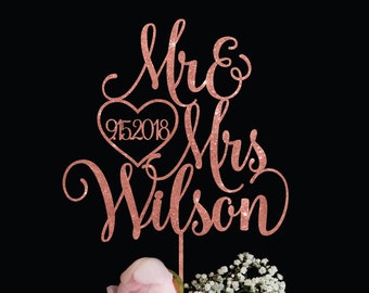 Mr & Mrs Wedding Cake Topper with Last name and Date | Elegant Custom Mr and Mrs Cake Topper in Gold Silver Glitter Rustic Rose Gold