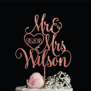 Mr & Mrs Wedding Cake Topper with Last name and Date | Elegant Custom Mr and Mrs Cake Topper in Gold Silver Glitter Rustic Rose Gold