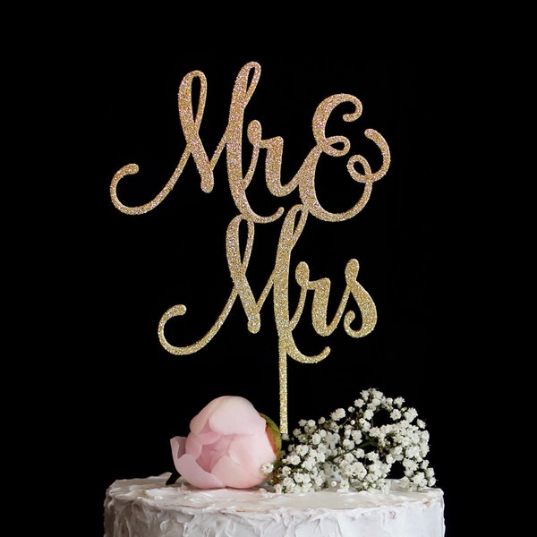 Mr & Mrs Wedding Cake Topper | Elegant Mr and Mrs Cake Topper | Sweet Calligraphy Wedding Cake Topper | Rose Gold Silver Glitter