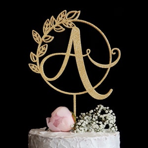 Custom Wreath Single Letter Monogram Wedding Cake Topper Topper Pastel rústico personalizado Topper con apellido Inicial Rose Gold Silver Glitter