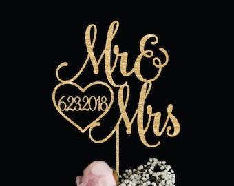 Mr & Mrs Wedding Cake Topper with Date | Elegant Custom Mr and Mrs Cake Topper | Sweet Wedding Cake Topper | Rose Gold Silver Glitter