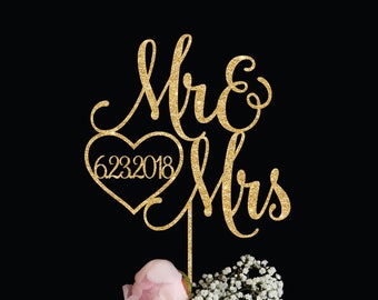Custom Mr & Mrs Glitter Wedding Cake Topper | Personalized Date