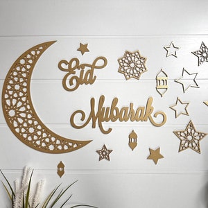 Eid Mubarak Wooden Sign - Ramadan & Eid Decor, Islamic Wall Art, Muslim Home Decoration, Eid Party Hanging Ornament Moon and stars عيد مبارك