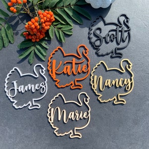 Thanksgiving-Tischkarten, benutzerdefinierte Truthahn-Tischkarten, personalisiertes Thanksgiving-Dinner-Gedeck, hölzerne Eskortkarten, Herbsttischdekor