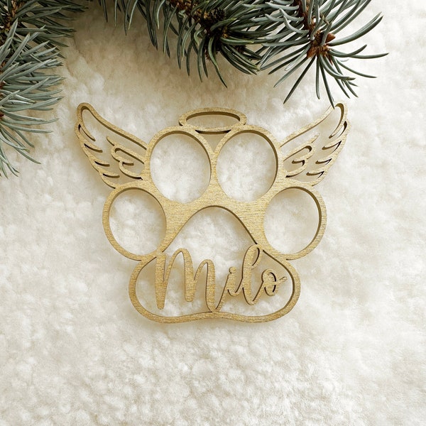 Dog Angel Wings Ornament, Pet Memorial Ornament, Personalized Paw Print Ornament for Christmas Tree, Wooden Xmas Decor, Stocking Tags